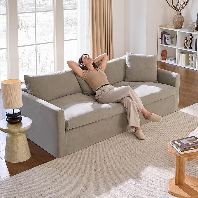 SICOTAS 90.5" Modern Sofa with Deep Seat, Large Down-Filled Cloud Couch with 4 Pillows & Solid Wood Frame, Oversized 3 Seater Sofa Comfy Sleeper Couches for Living Room, Apartment, Wheat Gray