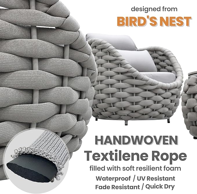 Fully Assembled Patio Furniture Set: 5 Pieces Woven Rope Outdoor Conversation Set Cushioned - Modern Metal Deck Loveseat Chair Table Set - Porch Seating for Yard Garden Pool Hotel Resort, Grey