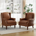 Pia Ricco High Back Floral Accent Chair - Retro Wingback Upholstered Armchair in Faux Leather, Nailhead Trim & Solid Wood Legs for Living Room Bedroom Reading Chair（Brown