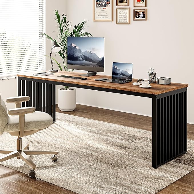 LITTLE TREE Two Person Desk, 78.74" Extra Long Computer Desk for 2 People, Rustic Brown Wooden Double Study Desk with Black Heavy Duty Metal Legs, Large Business Workstation for Home Office