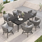 Grand patio 7-Piece Outdoor Dining Set for 6, Patio Dining Furniture Set for 6 Swivel Rope Wicker Chairs & 1 Bent Legs Rectangular Dining Faux Woodgrain Table with Umbrella Hole, Light Gray Brown