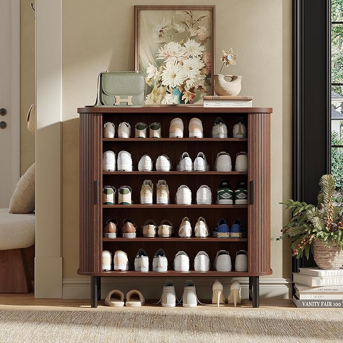 Maupvit Shoe Storage Cabinet with Smooth Fluted Sliding Doors, 5-Tier Shoe Cabinet Storage for Entryway, Narrow Hidden Shoe Rack for Front Door Entrance, Metal Handles and Legs, Walnut