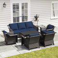 7 Pieces Outdoor Conversation Furniture Set - 77" Patio Sofa, 2 Armchairs, 2 Swivel Glider Chairs, 1 Side Table, 1 Metal Table, Wicker Couch with Washable Cushions for Porch (Navy Blue)
