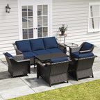 7 Pieces Outdoor Conversation Furniture Set - 77" Patio Sofa, 2 Armchairs, 2 Swivel Glider Chairs, 1 Side Table, 1 Metal Table, Wicker Couch with Washable Cushions for Porch (Navy Blue)