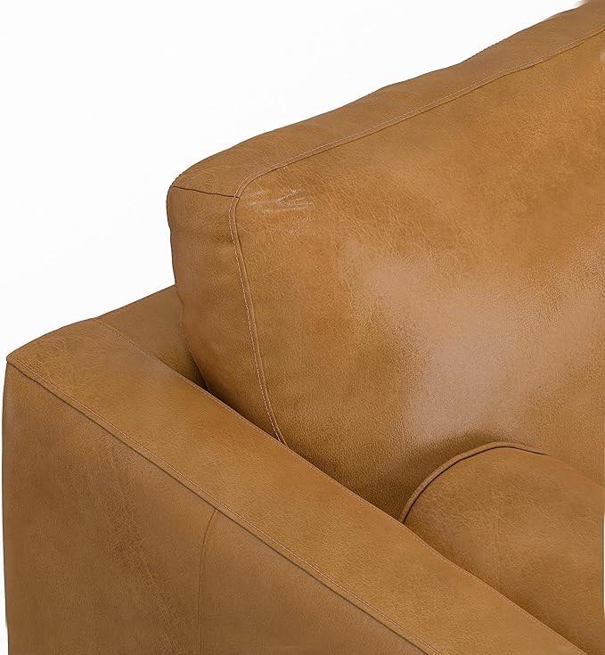 SIMPLIHOME Morrison 89-inch Wide Sofa in Sienna Top Grain Genuine Leather, Mid-Century Modern Design Couch for Living Room, Single Bench Cushion, 2 Back Cushions, 2 Bolster Pillows