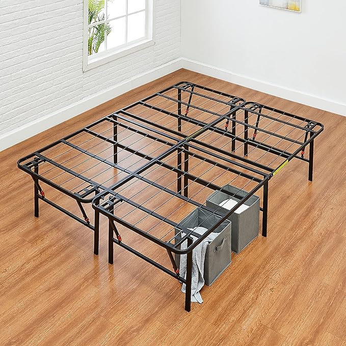 Amazon Basics Bed Frame with Storage, Foldable Metal Platform, Sturdy Steel, No Box Spring Needed, 18 Inches High, Tool-Free Setup, Queen Size, Black