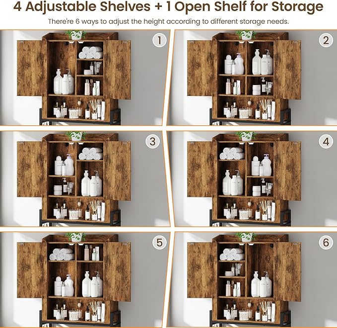 Over The Toilet Storage Cabinet, Over Toilet Organizer with 2-Door & Metal Stand, Bathroom Organizers and Storage with Adjustable Shelves for Bathroom, Restroom, Laundry, Rustic Brown