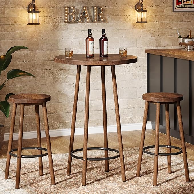 Tribesigns 3 Pieces Bar Table Set, 23.6" Round Pub Table, Small Bar Height Pub for 2, Industrial Home Bar Unit Set with 2 Stools for Kitchen, Dining Room, Living Room & Bistro, Rustic Brown