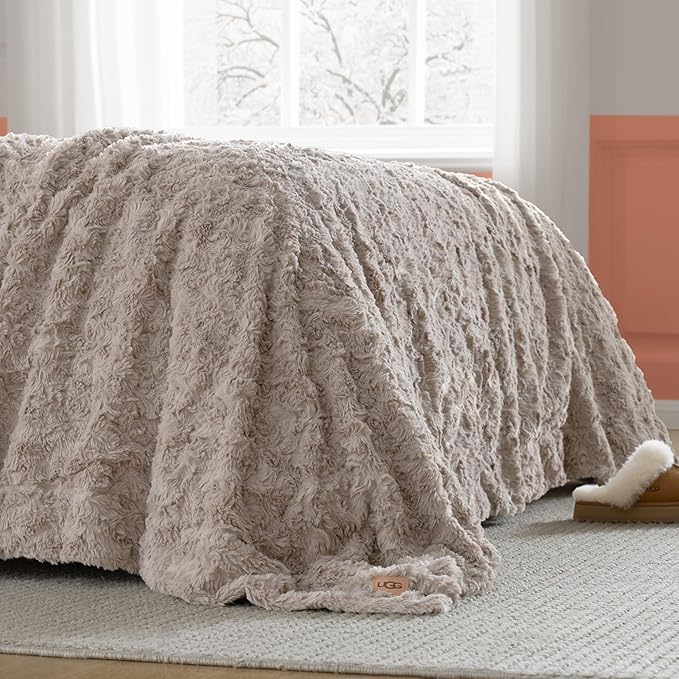 UGG Faux Fur Full/Queen Size Blanket, Double-Sided Warm Cozy Blanket, Extra Large Throw for Sofa, Washable Bedding for Full or Queen Size Bed, Cute Room Decor, 90" x 90", Oyster Brown (Adalee)