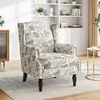 Pia Ricco Set of 2 Floral Accent Chairs, High Back Upholstered Armchairs with Retro Wingback Design, Nailhead Trim & Solid Wood Legs for Living Room Bedroom(Plants Beige)
