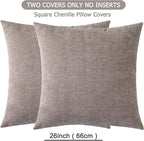 GAWAMAY Decorative Chenille Throw Pillow Covers 26x26 Inch Pack of 2, Soft Square Couch Pillow Cover for Sofa Cushion Living Room Bedroom Oversized Pillowcases Taupe Grey 66x66cm (ONLY Covers)