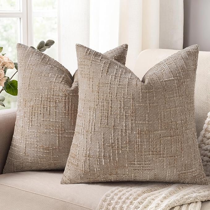 decorUhome Oatmeal Chenille Throw Pillow Covers 24x24 Set of 2 Thick Textured Slubby Couch Pillow Covers Farmhouse Accent Modern Neutral Decorative Pillow Cases for Bed Sofa Living Room