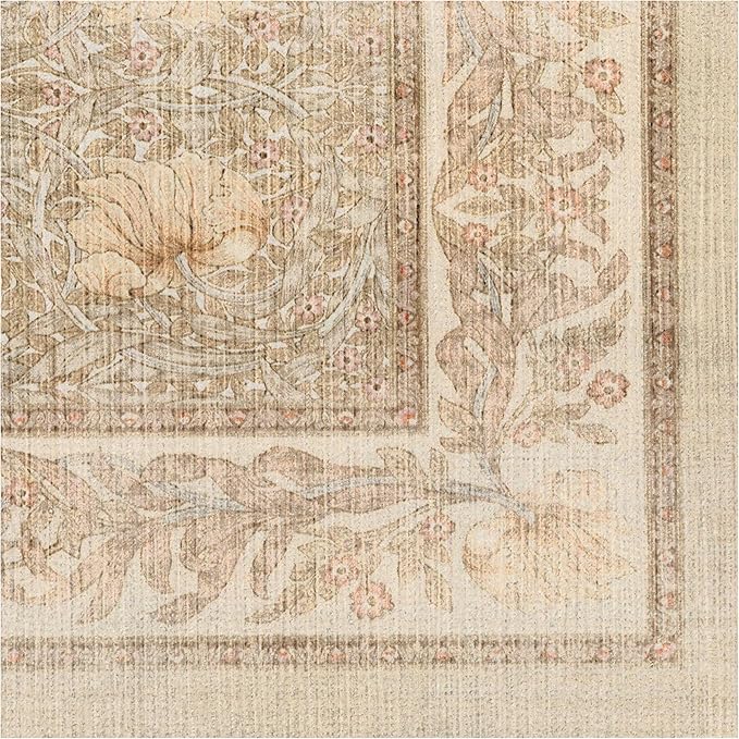 RUGGABLE x Morris & Co Washable Area Rug – Pimpernel Vintage Stone 4x6, Stain-Resistant, Non-Slip – Medium Machine Washable Rugs for Living Room, Bedroom, Hallway, Entryway & Office–with Standard Pad