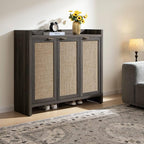 SICOTAS Shoe Storage Cabinet Set of 2, Large Tall Shoe Cabinet, Rattan Shoe Cabinet Storage for Entryway, Farmhouse Cabinet with Doors and Adjustable Shelves for Entryway Hallway, Black Oak