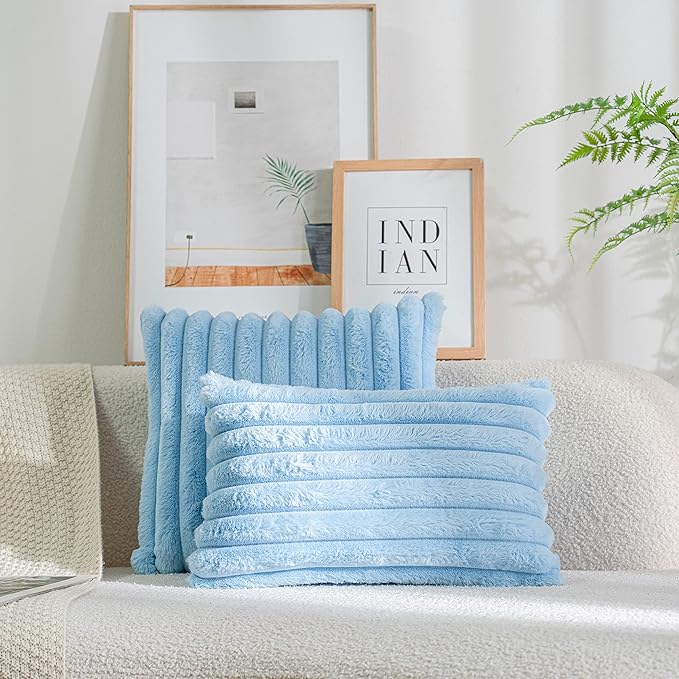 DEELAND Pack of 2,Double-Sided Faux Fur Plush Decorative Throw Pillow Covers Fuzzy Striped Soft Pillowcase Cushion Covers for Sofa Couch Bedroom Lightblue 24x24 inch