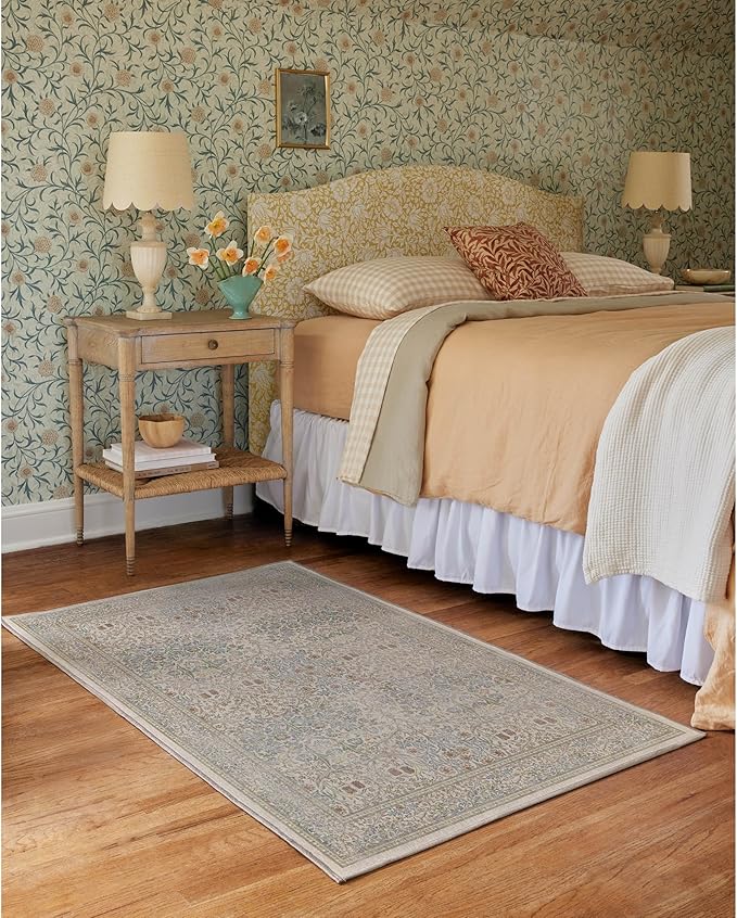 RUGGABLE x Morris & Co Washable Area Rug – Blackthorn Ivory Blue 3x5, Stain-Resistant, Non-Slip – Small Machine Washable Rugs for Living Room, Bedroom, Hallway, Entryway & Office–with Cushioned Pad