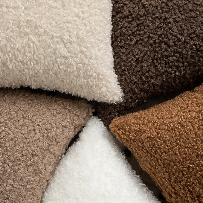 Pack of 2 Curly Teddy Wool Faux Fur Throw Pillow Covers Fuzzy Accent Soft Sherpa Pillowcases Sheepskin Fleece Decorative Cushion Case for Sofa Couch Living Room 20x20 Inch Khaki