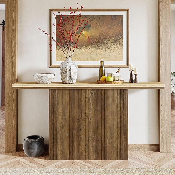 Tribesigns Farmhouse Fluted Console Table for Entryway, 63-Inch Long Wooden Sofa Table Behind Couch for Living Room, Foyer, Hallway, Rustic Brown & Natural