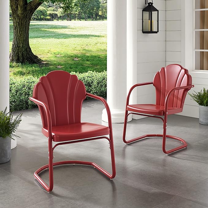 Crosley Furniture Tulip 2-Piece Outdoor Chair Set, Retro Metal Patio Chairs for Dining, Porch, Deck, Balcony, Dark Red Satin