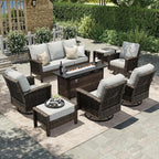 HERA'S HOUSE 8-Piece Outdoor Furniture Set with Fire Pit Table, Patio Conversation Set with 5.5" Thick Cushions & High Back Swivel Chairs, All-Weather Wicker Deep Seating Sofa with Ottomans, Grey