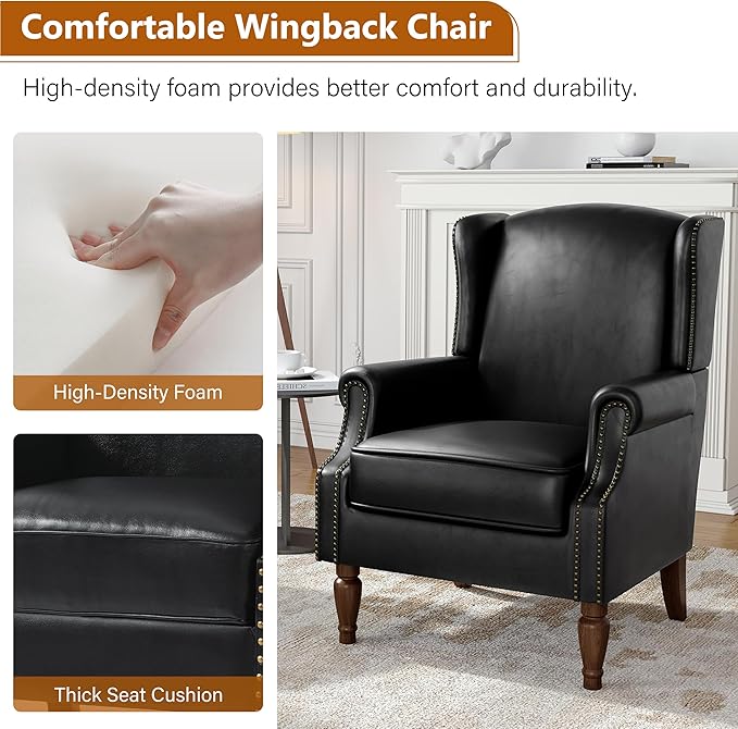 Faux Leather Wingback Accent Chair, High Back Upholstered Armchair, Comfy Fabric Wingback Arms Chairs with Solid Wood Legs, Single Sofa Reading Chair for Bedroom Living Room, Black