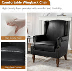 Faux Leather Wingback Accent Chair, High Back Upholstered Armchair, Comfy Fabric Wingback Arms Chairs with Solid Wood Legs, Single Sofa Reading Chair for Bedroom Living Room, Black