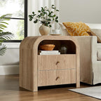 T4TREAM Fluted Nightstand with Charging Station, 24" Large 2 Drawers Bedside Table, Modern End Table with Storage Night Stand for Bedroom, Living Room, Round Curved Corner Design, Natural Oak