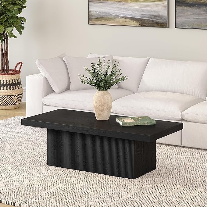 Henn&Hart 48" Fluted Low-Profile Rectangular Coffee Table with Solid Base for Living Room, Family Room, or Office, Black Grain