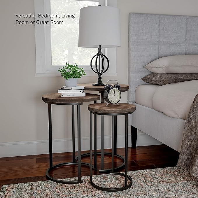 Lavish Home Nesting Tables - Set of 3 Round Side Tables for Living Room, Bedroom, or Home Office - Woodgrain-Look End Table Set - Modern Living Room Furniture (Gray/Brown)