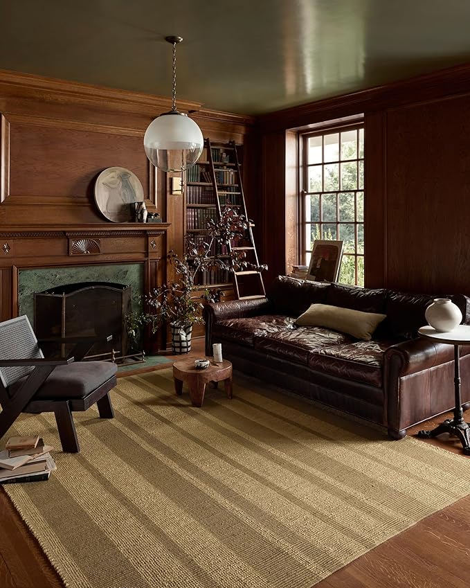 Loloi Leanne Ford Weatherstaff Collection WTS-03 Natural/Olive 3'-6" x 5'-6" Accent Rug Jute, Striped, Neutral, Entryway, Mudroom, Bathroom, and Kitchen