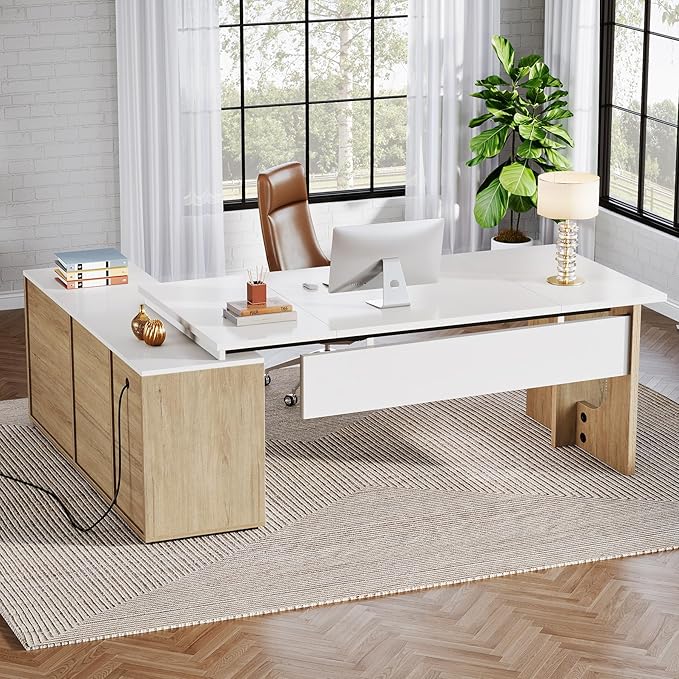 Tribesigns 74.8 Inch Executive Desk, Large Office Desk with Cabinet, L Shaped Computer Desk with Shelves and CPU Storage, Modern Home Office Desks Business Furniture Workstation Set, White and Wood