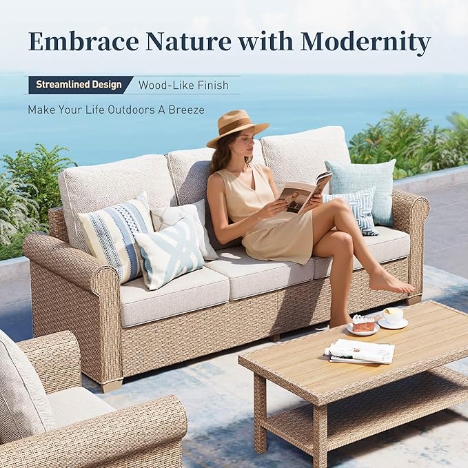 Patio Furniture Set 5 pcs, Wicker Rattan Sofa with 5.5" Thick Waterproof Cushions, 2 Chairs and Ottomans, All Weather Outdoor Conversation Set for Backyard Deck, 7 Seats Beige