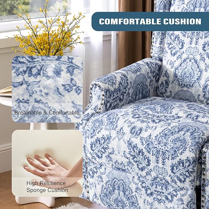 Premium 360° Swivel Recliner Chair with Footrest - Luxurious Cotton Linen & Botanical Design-Bule Pattern