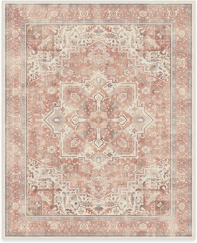 RUGGABLE Washable Area Rug – Kamran Rose Pink 8x10, Stain-Resistant, Non-Slip – Large Machine Washable Rugs for Living Room, Bedroom, Hallway, Entryway & Office–with Standard Pad