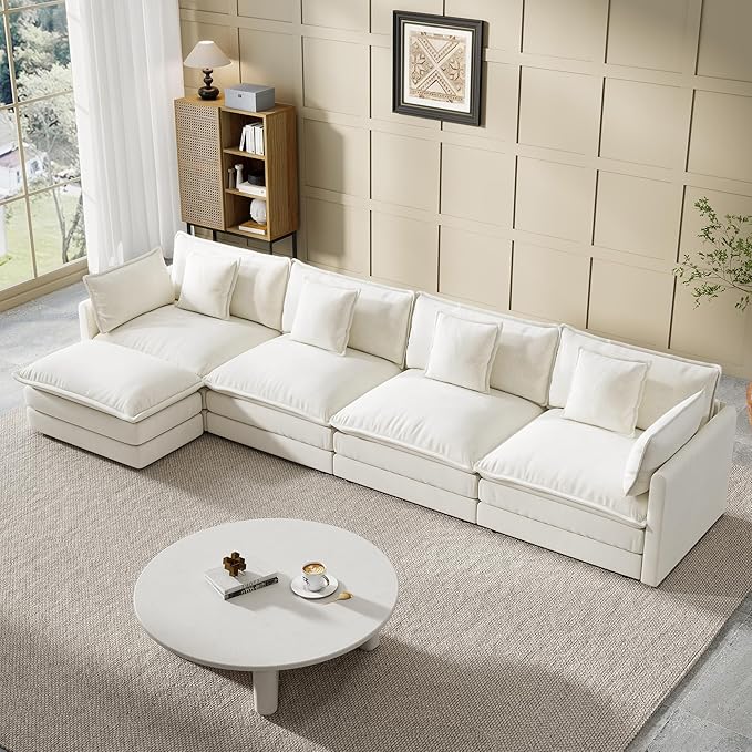 Modular Sectional Sofa, 146.5 Inch L-Shaped Cloud Sofa with Deep Seat Chenille Sofa with Cushions, Four Seater Sectional Sofa for Living Room Apartment,White