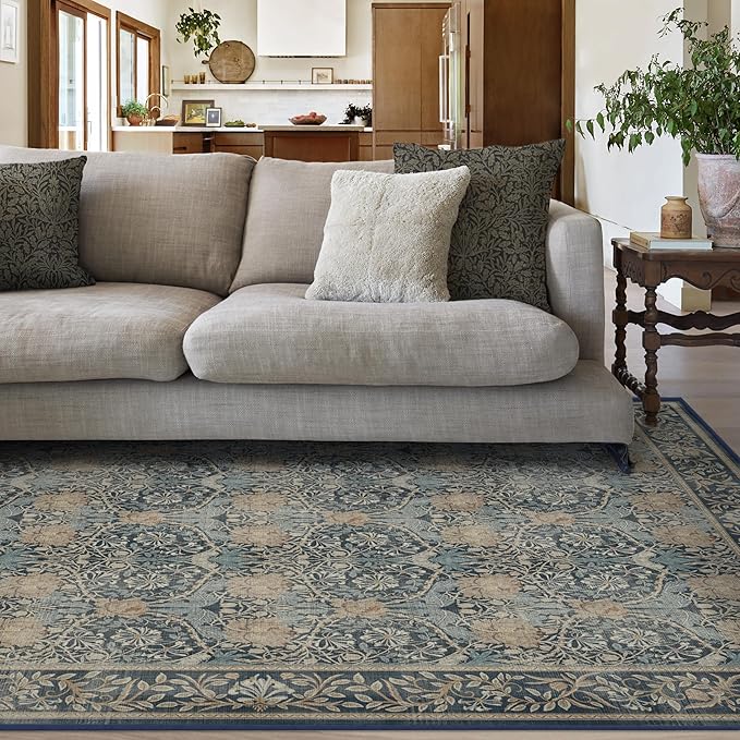 RUGGABLE x Morris & Co Machine Washable Area Rug – Honeysuckle & Tulip Blue 6x9, Stain-Resistant, Non-Slip – Medium Rugs for Living Room, Bedroom, Hallway, Entryway & Office–with Cushioned Pad