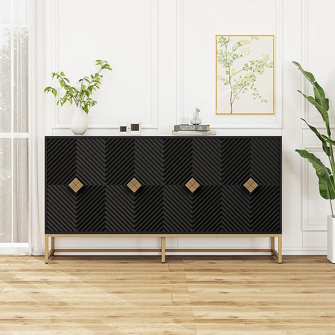 Sideboard Buffet Cabinet with Storage - Accent Storage Cabinet with Doors, Wood 4 Doors Cabinet with Metal Legs, 60" Buffets & Sideboards, Modern Credenza for Living Room (Black)
