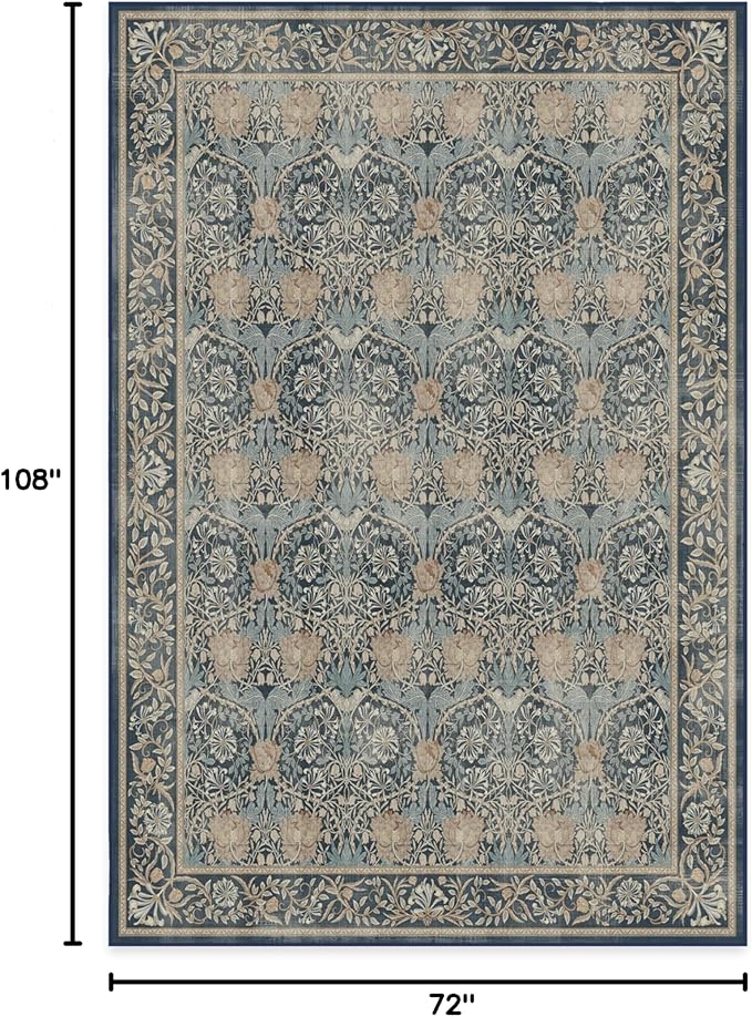 RUGGABLE x Morris & Co Machine Washable Area Rug – Honeysuckle & Tulip Blue 6x9, Stain-Resistant, Non-Slip – Medium Rugs for Living Room, Bedroom, Hallway, Entryway & Office–with Cushioned Pad