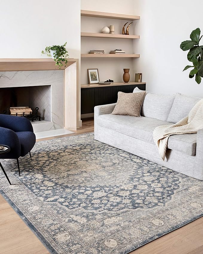 Loloi Teagan Collection TEA-01 Denim/Mist 2'-8" x 4' Accent Rug, Large, Soft Neutral Rug, High-Traffic for Living Room, Bedroom, Home Office, Dining Area