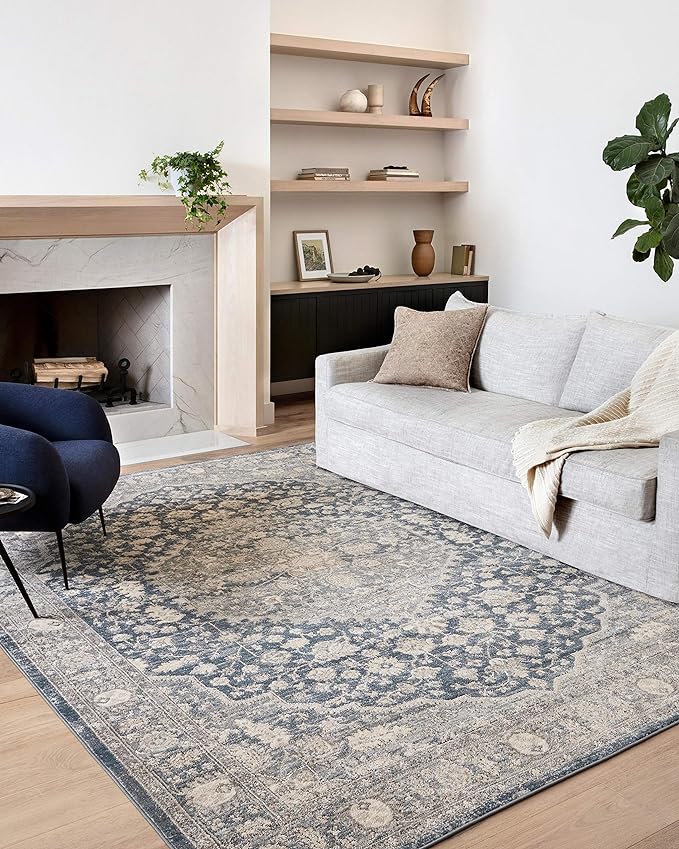Loloi Teagan Collection TEA-01 Denim/Mist 2'-8" x 10'-6" Runner Rug, Large, Soft Neutral Rug, High-Traffic for Living Room, Bedroom, Home Office, Dining Area