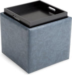 SIMPLIHOME Rockwood 18 inch Wide Contemporary Square Cube Storage Ottoman with Tray in Denim Blue Vegan Faux Leather, Assembled, For the Living Room, Entryway and Family Room