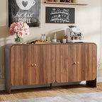 Fluted Sideboard Buffet Cabinet with Storage, 59'' Curved Buffet Cabinet with 4 Doors & Shleves, Modern Credenza Wood Coffee Bar Table Console for Dining Room Kitchen Living Room Entryway, Walnut