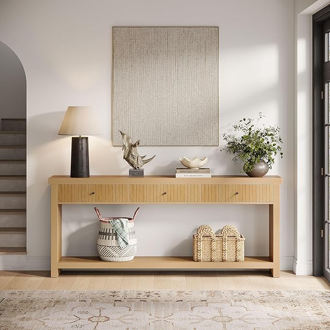 Tribesigns 70.9 inch Console Table with 3 Drawers, Extra Long Entryway Table, Wood Sofa Table Oak Furniture with Open Storage Shelves Wooden Couch Table Foyer Tables for Living Room Hallway Entrance