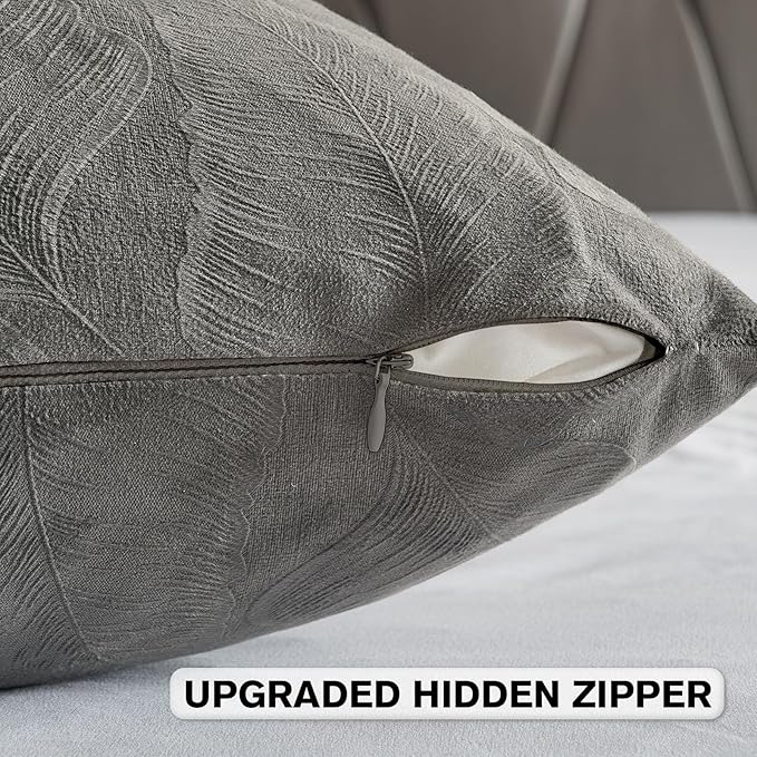FUTEI Dark Grey Velvet Throw Pillow Covers 16x16 Inch Set of 2,Soft Embossed Leaf-Relief Textured Cushion Cases,Natural Home Decor for Couch Living Room
