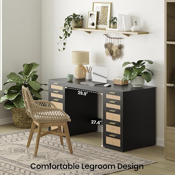 WOPITUES 60" Boho Home Office Desk with 10 Wooden Drawers, Rattan Computer Writing Desk with Power Outlets, Large Executive Desk with Storage Cabinet for Work Study Writing Craft, Black