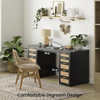 WOPITUES 60" Boho Home Office Desk with 10 Wooden Drawers, Rattan Computer Writing Desk with Power Outlets, Large Executive Desk with Storage Cabinet for Work Study Writing Craft, Black
