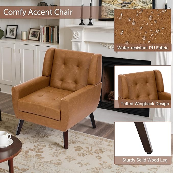 Faux Leather Accent Chairs Set of 2, Mid-Century Modern Upholstered Armchair, Comfy Living Room Chairs Reading Chairs with Button Tufted Back & Solid Wood Legs for Bedroom, Office, Brown