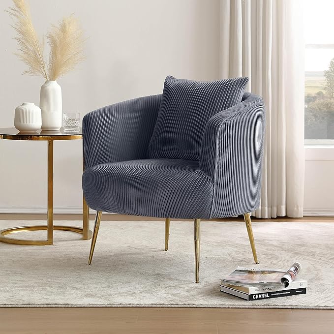 Art Leon Accent Chair Set of 2, Modern Velvet Upholstered Armchairs, Living Room Side Chairs Barrel Chairs with Golden Metal Legs, Gray