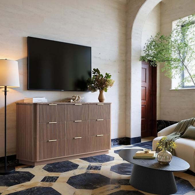 win2win 9 Drawer Dresser, Mid Century Modern Dresser with Storage, 55" Wide Fluted Chest of Drawers with Faux Marble Top, Dressers TV Stand, Drawers Organizer for Bedroom, Living Room, Hallway Walnut