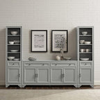 Crosley Furniture Tara 3-Piece Modern Farmhouse Sideboard Buffet Cabinet and Bookcase Set with Storage, Distressed Gray